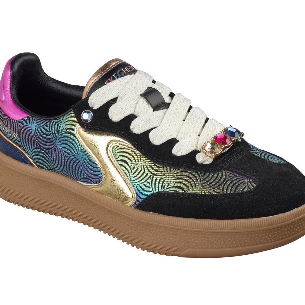 Skechers Kids Black Iridescent Gem-Embellished Sneaker with Gold Trim